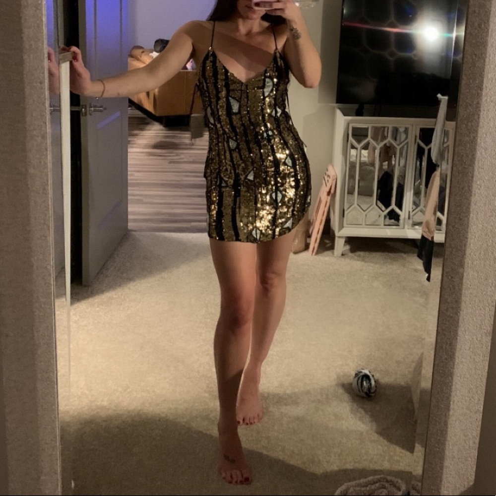 Free People Sequin Black Gold Mini Dress S